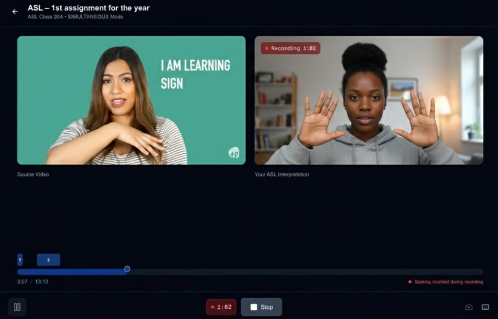 GoASL studio: Source Video and Your ASL Interpretation side-by-side with recording controls
